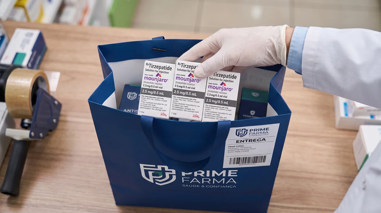 Sacola lacrada da Prime Farma com as caixas do produto original sendo preparadas para envio